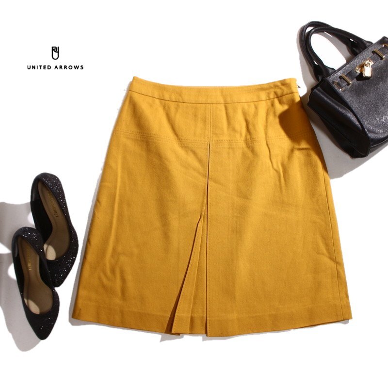 ユナイテッドアローズ UNITED ARROWS 秋 冬 毛100% Aライン スカート マスタード イエロー 黄色 ひざ丈スカート プリーツ 綺麗め オフィス拍卖