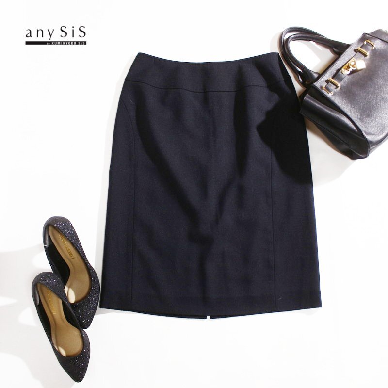 美品 エニィスィス any SiS 組曲 株)オンワード樫山 通年 合物 スカート タイトスカート 9号 2 ブラック 黒 オフィス 通勤 膝丈 フォーマル拍卖