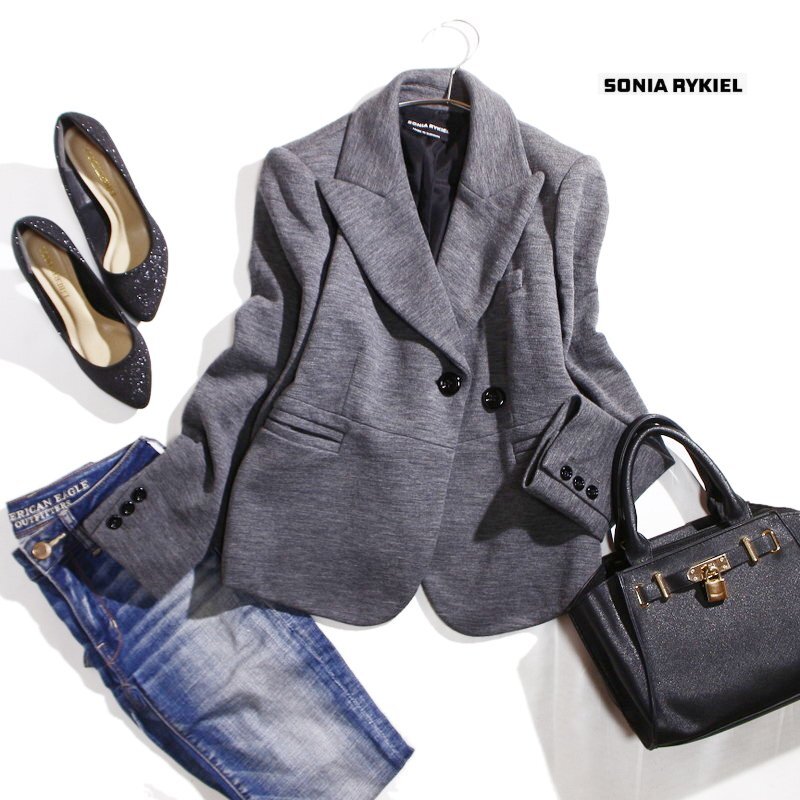美品 SONIA RYKIEL ソニア リキエル 秋 冬 毛100% ウールテーラードジャケット 40 グレー ジャケット フォーマル オフィス ストレッチ拍卖