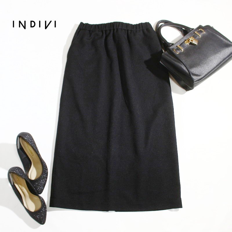 美品 インディヴィ INDIVI 株) ワールド 秋 冬 ミディ ロングスカート タイトスカート 38 ブラック 黒 オフィス 通勤 ミセス 上品 お洒落拍卖