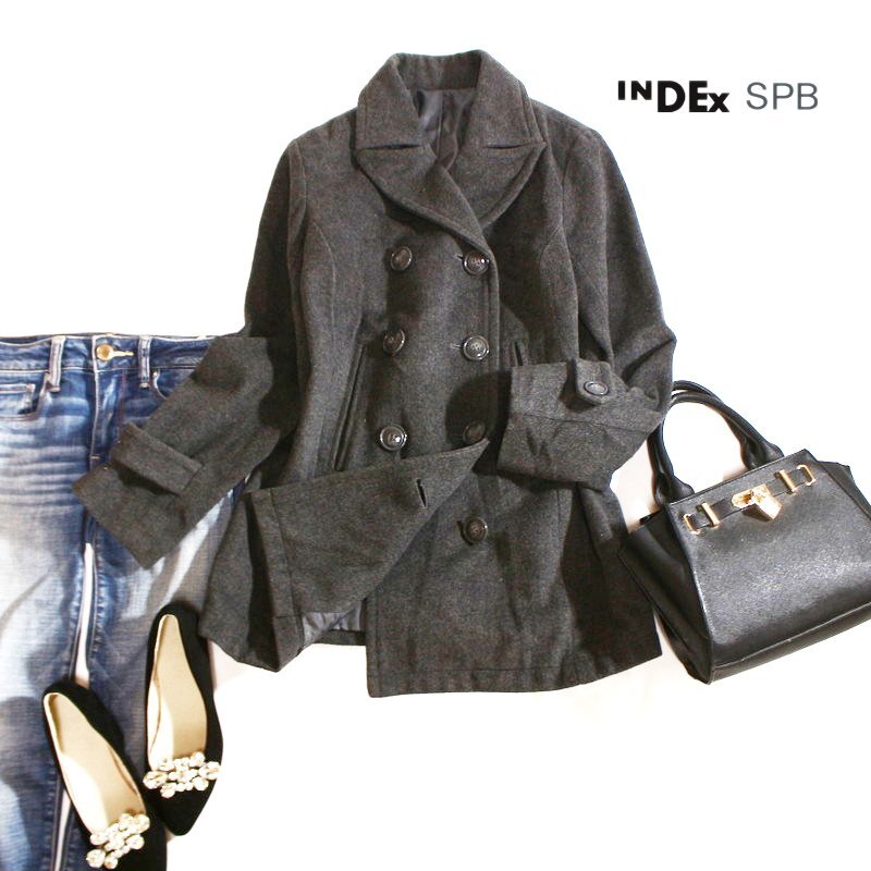 美品 index SPB インデックス 株) ワールド 冬 真冬 定番 ウール Pコート ピーコート M 9号 グレー 毛 コート ウールコート 暖か 可愛い拍卖