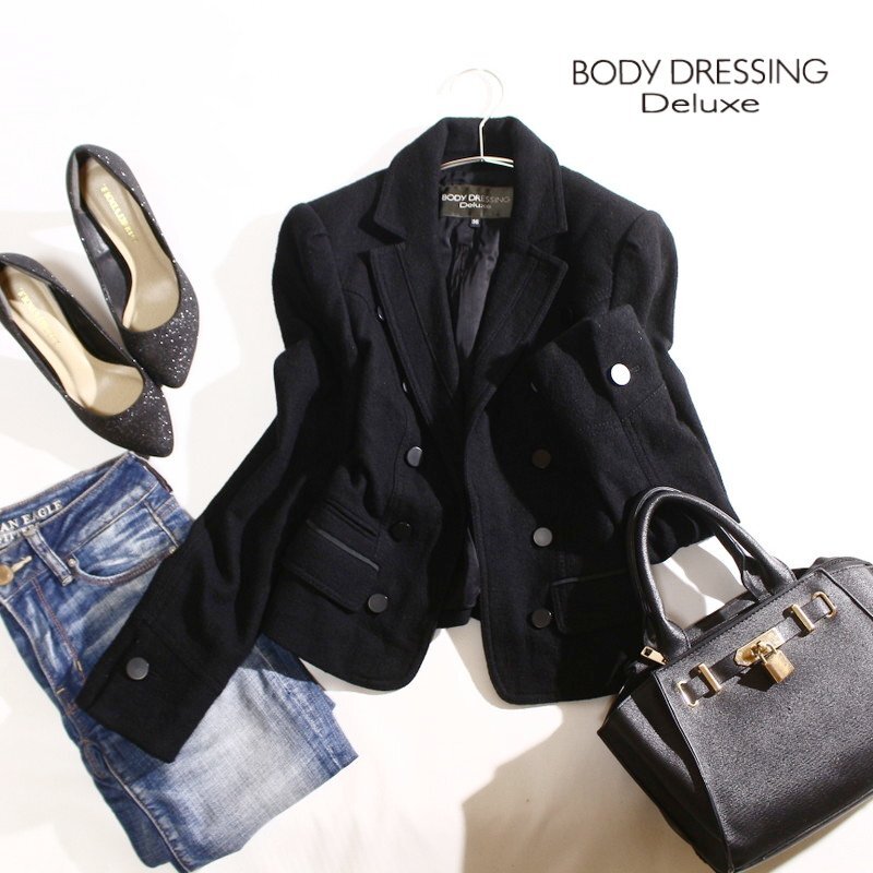 美品 BODY DRESSING Deluxe ボディドレッシング デラックス 毛100% 秋 冬 厚みあり 綺麗ライン 縊れ ウールジャケット ブラック 黒 7号 36拍卖