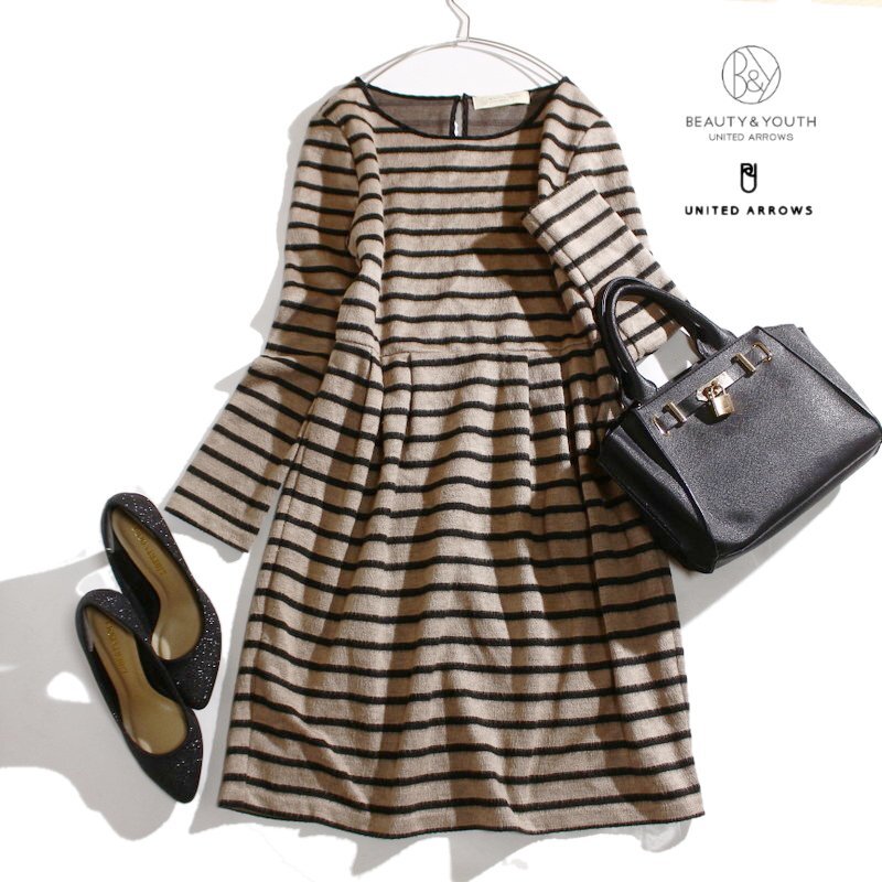 美品 BEAUTY&YOUTH UNITED ARROWS 秋 冬 起毛 シャギーボーダー ワンピース ブラック 黒 ベージュ ユナイテッドアローズ プルオーバー 上品拍卖