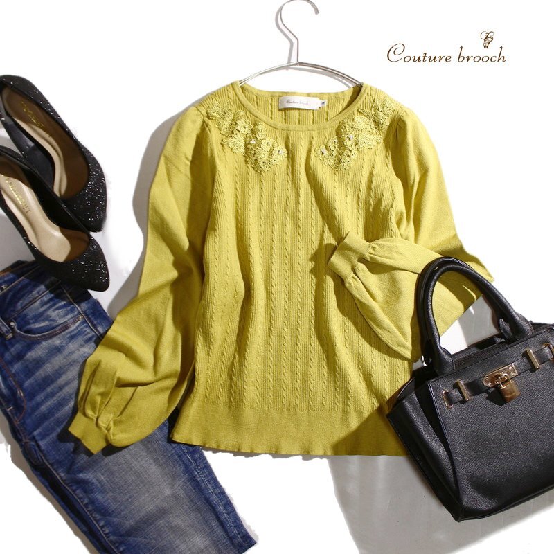 美品 Couture brooch クチュールブローチ 株) ワールド 秋 冬 長袖ニットカットソー Mサイズ レース パール ニット セーター 38 M イエロー拍卖