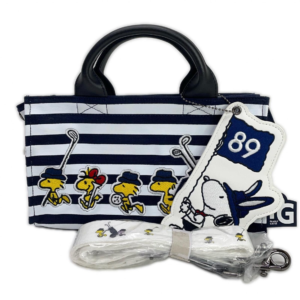 coco 未使用品 パーリーゲイツ PEARLY GATES カートバッグ ネイビー×ホワイト ラウンドバッグ スヌーピーコラボ ボーダー柄 K022438拍卖