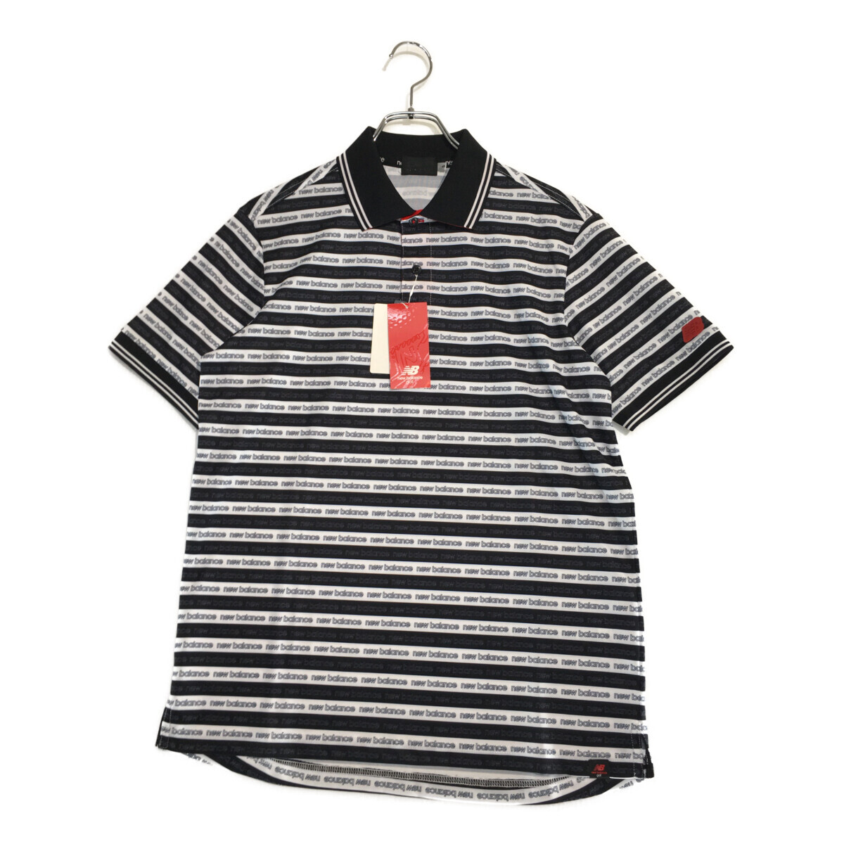 coco 未使用品【値下げ】ニューバランスゴルフ メンズ 半袖ポロシャツ 5(L) 黒×白 ブラック ロゴ ボーダー ネコパケ発送可 118824拍卖