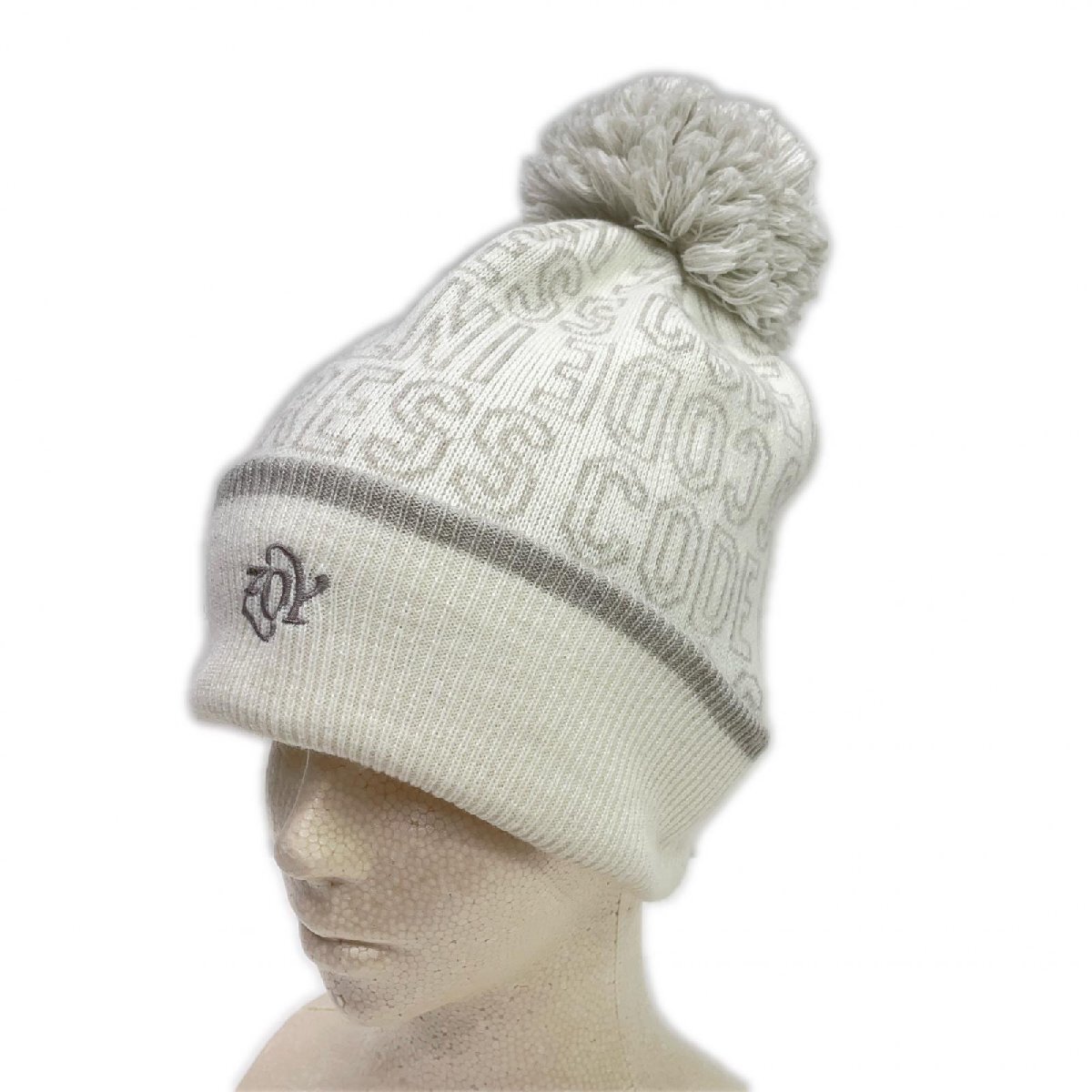 coco 中古 ゾーイ ZOY ニット帽 フリー 白 ホワイト×グレー ボンボンニット帽 ワッチ ロゴプリント レターパックプラス発送可 K022416拍卖