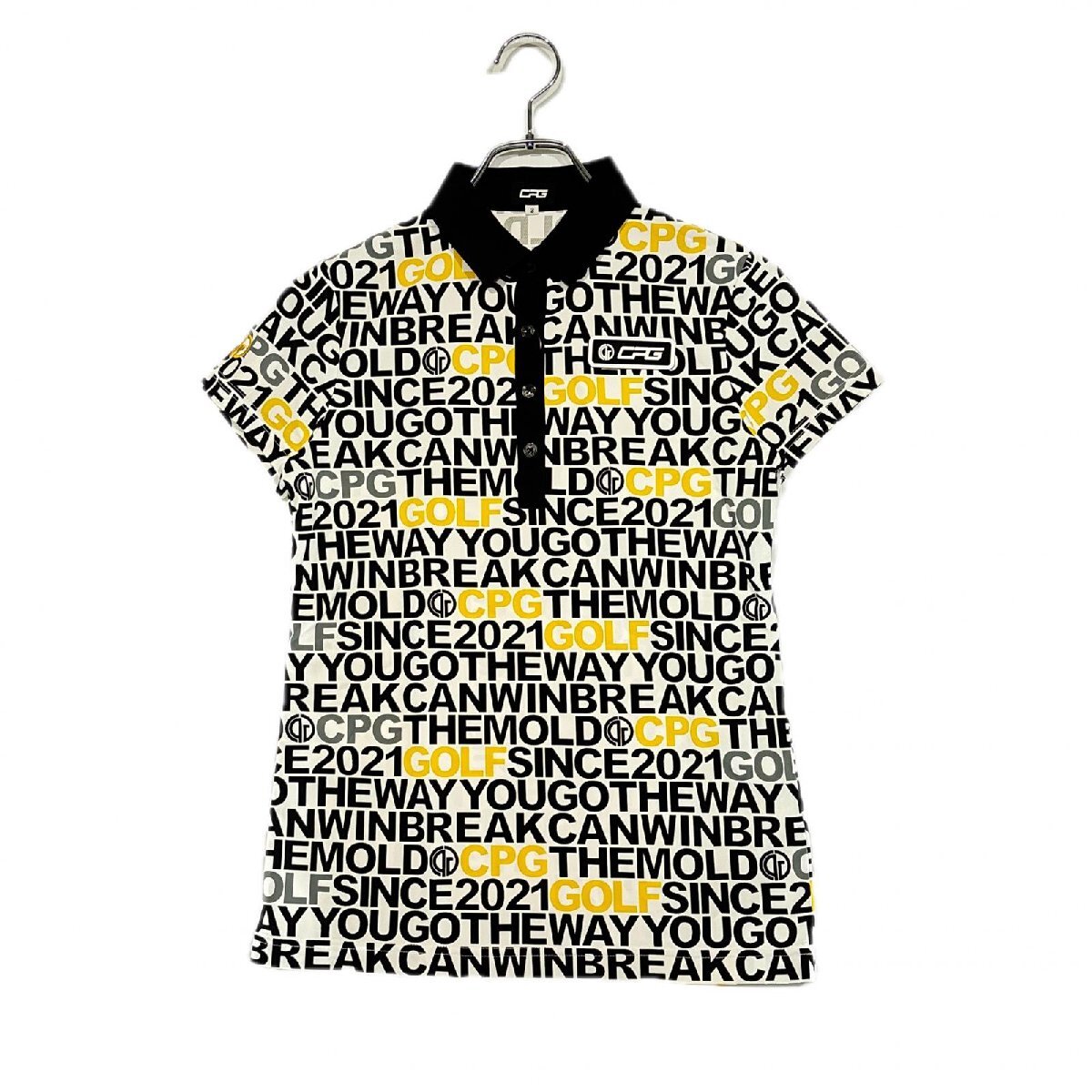 coco 中古【値下げ】 シーピージーゴルフ CPG GOLF レディース 半袖ポロシャツ 2(M) 黒×白×黄 ロゴ総柄 ネコパケ発送可 102527拍卖