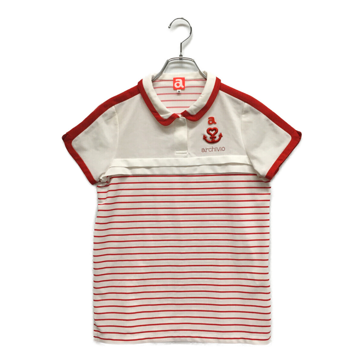 coco 中古【SALE】アルチビオ archivio レディース 半袖ポロシャツ 38(M) 白 ホワイト×赤 薄手 ボーダー ネコパケ発送可 93982拍卖