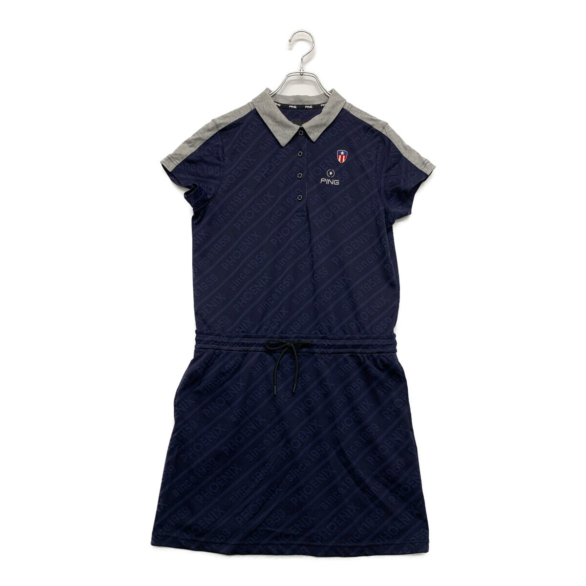 coco 中古【SALE】ピン PING レディース ワンピース L 紺 ネイビー 半袖 裏地付き ストライプ 総柄 レターパックプラス発送可 89268拍卖