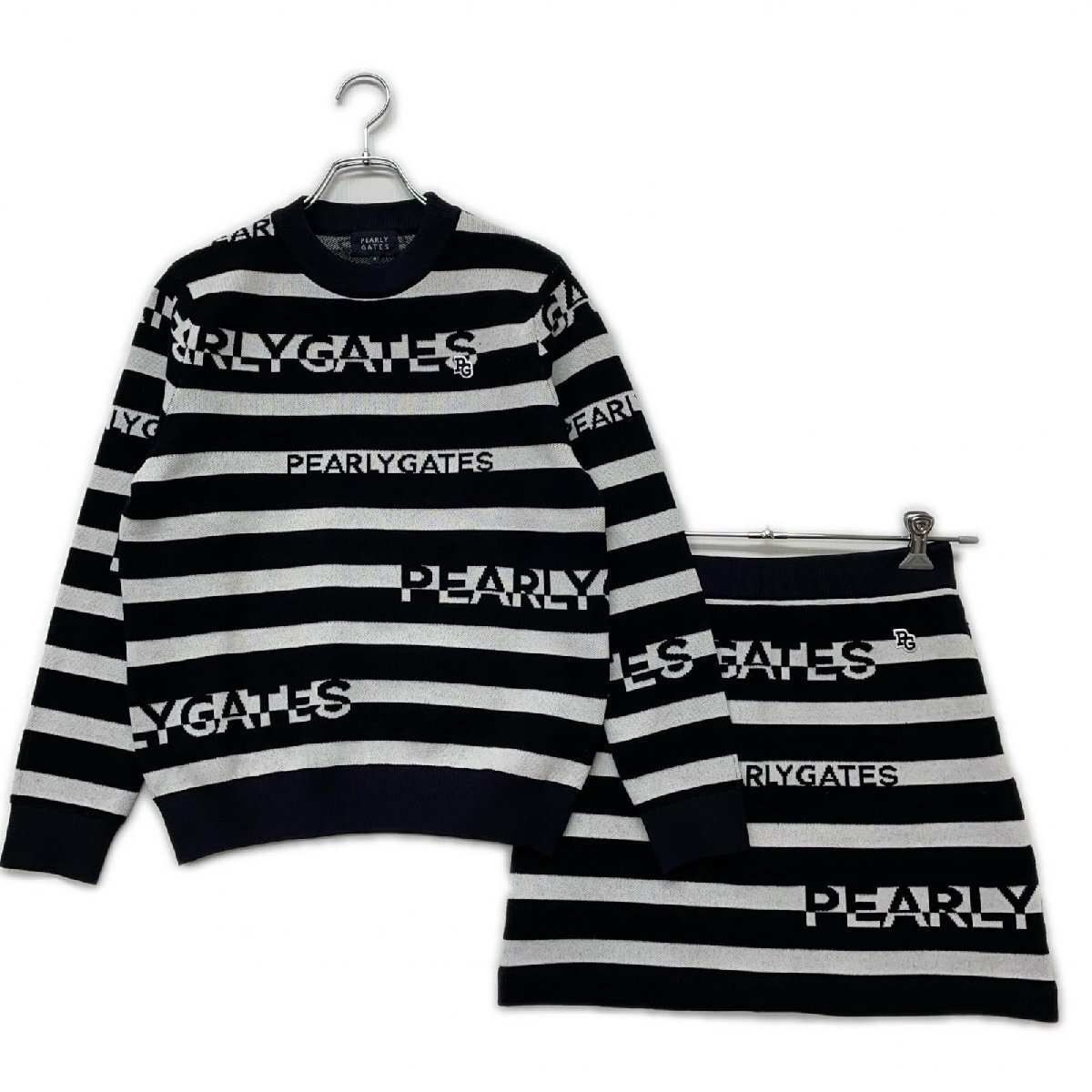 coco 未使用品 パーリーゲイツ PEARLY GATES レディース セットアップ 0(S) 紺 ネイビー ボーダー クルーネックニット×スカート 108422拍卖