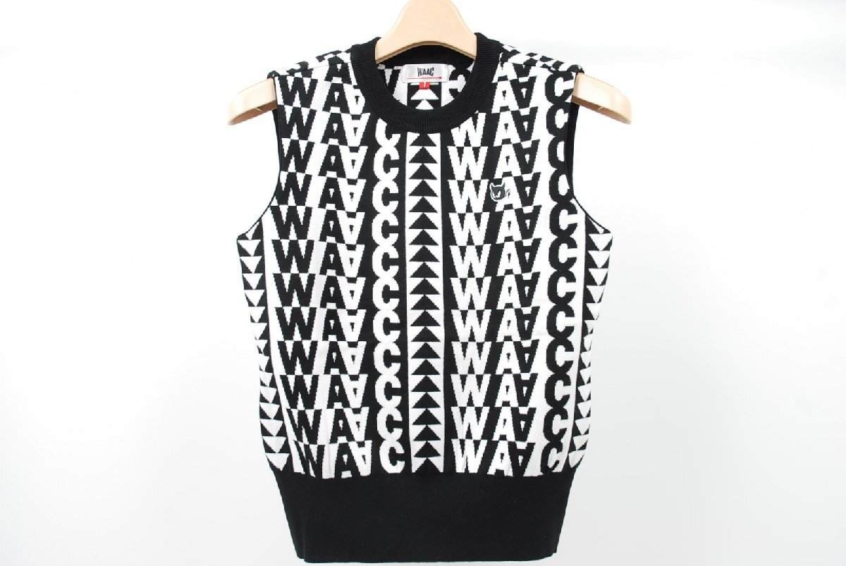 coco 中古【SALE】ワック WAAC レディース ベスト 1(S) 白×黒 ニット クルーネック ロゴ総柄 秋冬 レターパックプラス発送可 86062拍卖