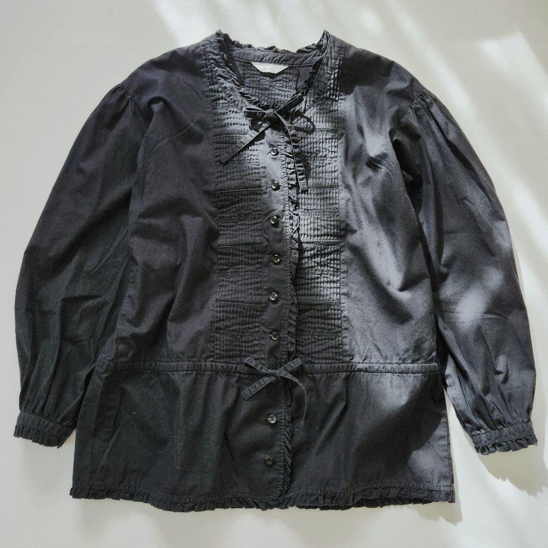 【即決 送料無料】◆ピンクハウス ピンタック 長袖ブラウス ブラック コットン100% フリル リボン拍卖