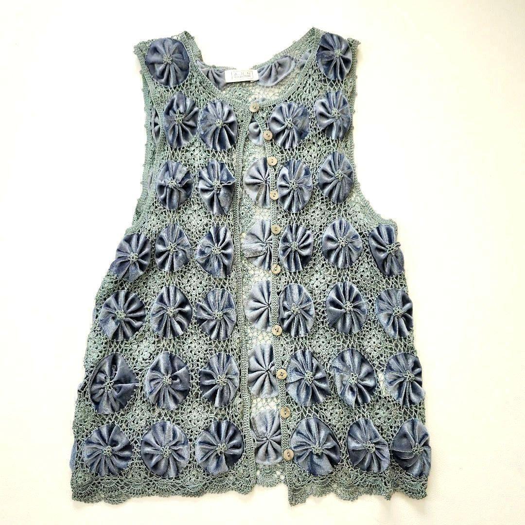 ★即決 送料込み★ ヤノ ANNコレクション ニットベスト 3D立体モチーフ 花柄 ブルーグレー F拍卖