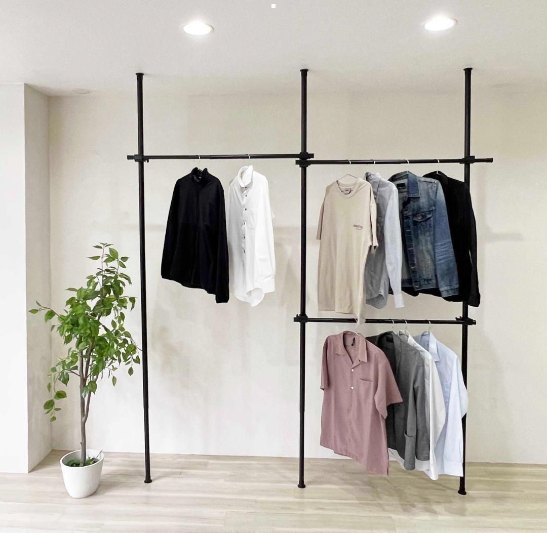 ハンガーラック つっぱり トリプル 衣類収納 伸縮 突っ張り 黒1013拍卖