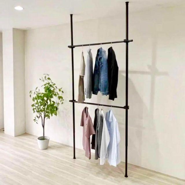 1012ハンガーラック ダブル 突っ張り棒 2ポール 洋服ラック ブラック 黒拍卖