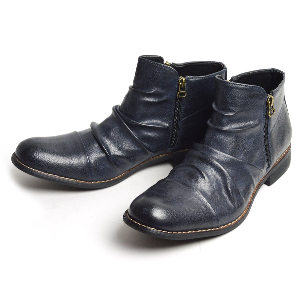 新品■26cm Wサイドジッパー ドレープブーツ チャッカブーツ アンティーク ブーツ ショートブーツ メンズ キレイめ ビンテージ 男 靴拍卖