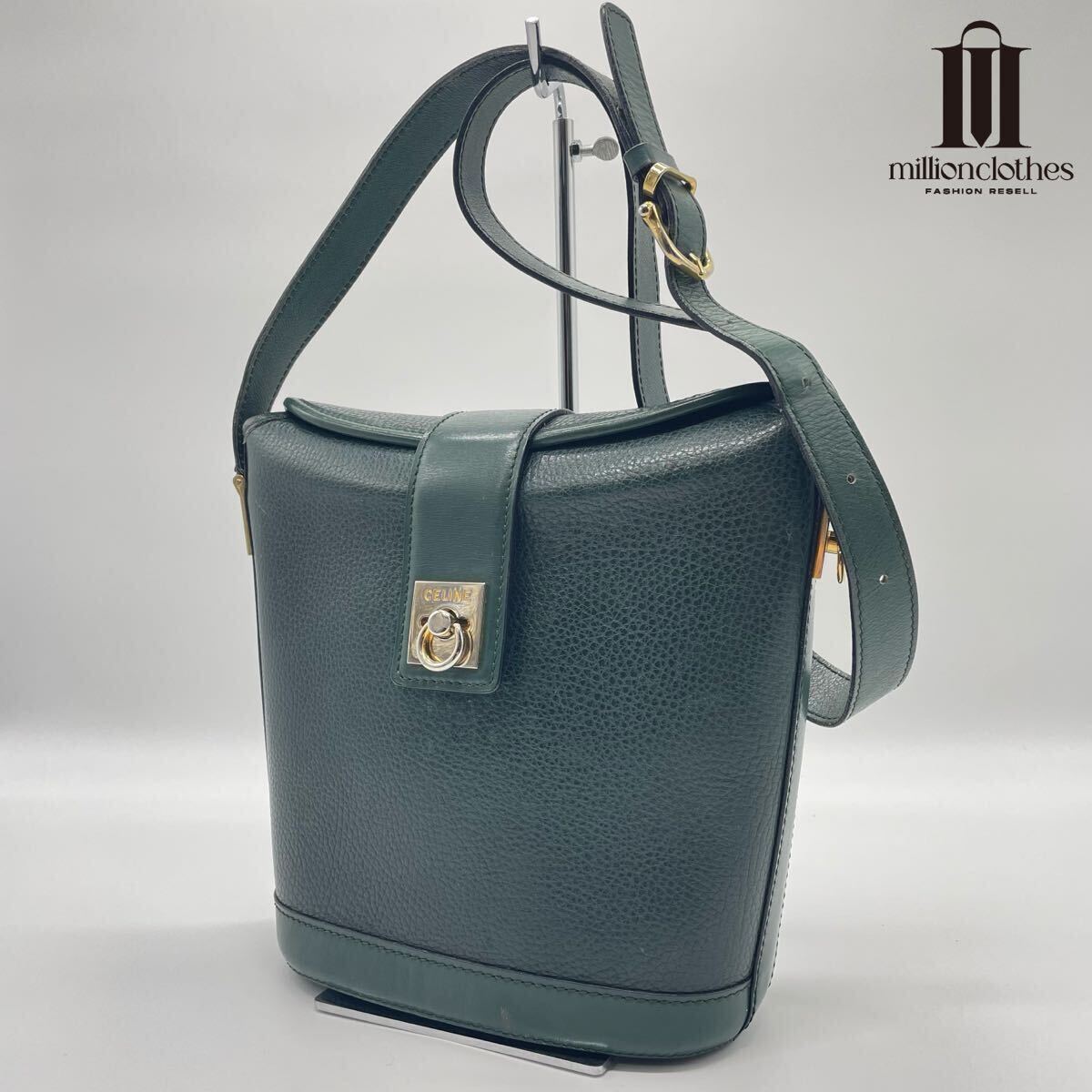 希少グリーン CELINE ガンチーニ レザー ショルダーバッグ ミニ ポーチ 緑 裏地赤 レッド ゴールド金具 レディース セリーヌ拍卖