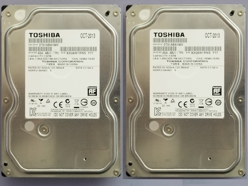 ★31 稼働少完動品 1TB2台で2TB 東芝 AV対応 DT01ABA100V TOSHIBA /使用時間:15776&15806時間、 3.5インチ内蔵 SATA ★拍卖