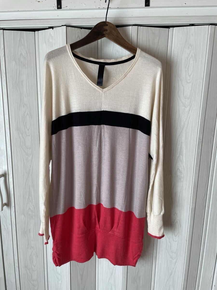 ◆qualite/カリテ/ボーダーVネックニットチュニック◆d拍卖