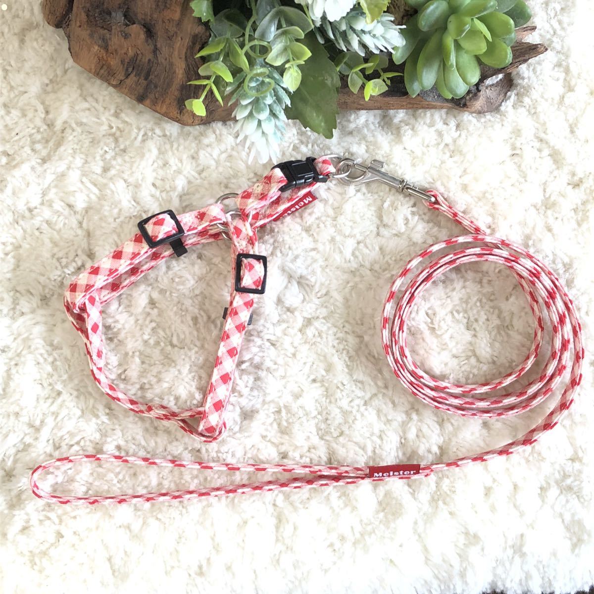 ★同梱お得★胴輪&リード・超小型犬・シンプルチェック-No.10・レッド♪拍卖