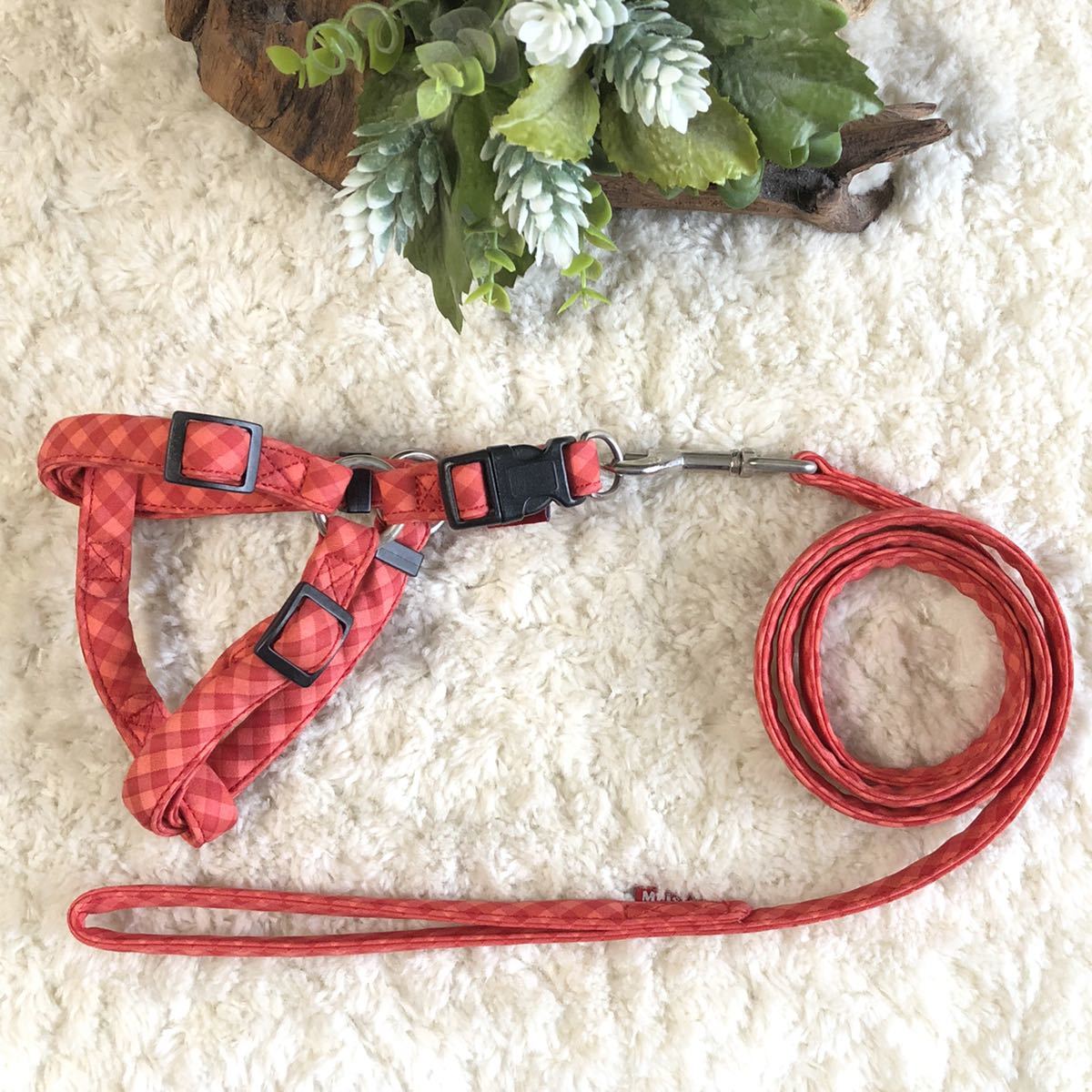 ★同梱お得★胴輪&リード・小型犬・ソフトチェック-No.22・レッド♪拍卖