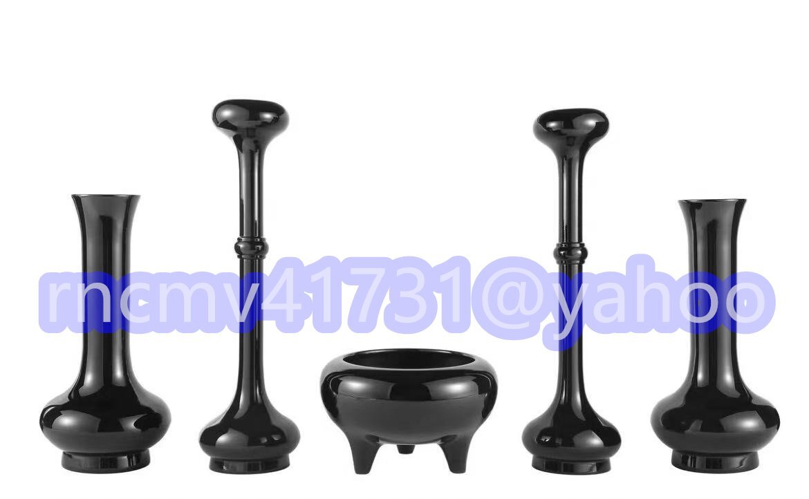「密教法具 寺院仏具」大型 寛通型 *五具足* 花立1対 *火立1対 *香炉1個 /9寸 漆着色(黒色)仕上げ 真鍮製拍卖
