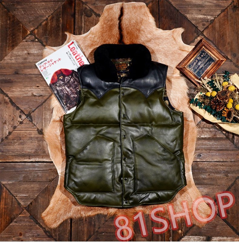 「81SHOP」 高品質 メンズレトロ ダウン ベスト 防寒バイカース機関車スリムフィット 羊革 ベスト オリーブグリーン S-4XLサイズ選択可拍卖