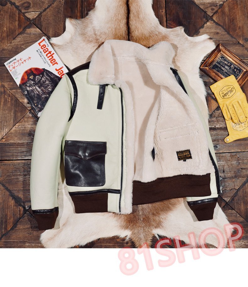 「81SHOP」1.5mm 最新モデル A2 フライトジャケット ヒツジ皮 毛皮一体 x 牛革 レザージャケット 防寒 Lサイズ拍卖