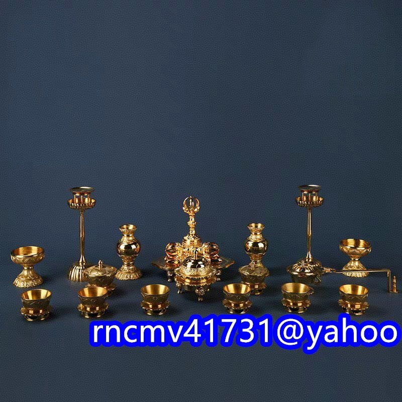 「密教法具 寺院仏具」真言宗 蓮華型法具 一面器 21点 大型仏具 仏教美術 筋彫り 真鍮製 金剛杵/火舎香炉/六器/洒水器/塗香器/金剛鈴拍卖