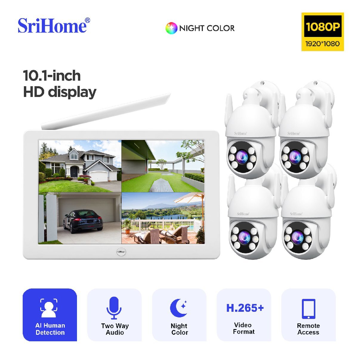 【正規品】 防犯カメラ 4台セット 300万画素 屋外屋内用IP66 10インチモニター付属 遠隔監視・動体検知・暗視撮影・双方向音声WiFi強化拍卖