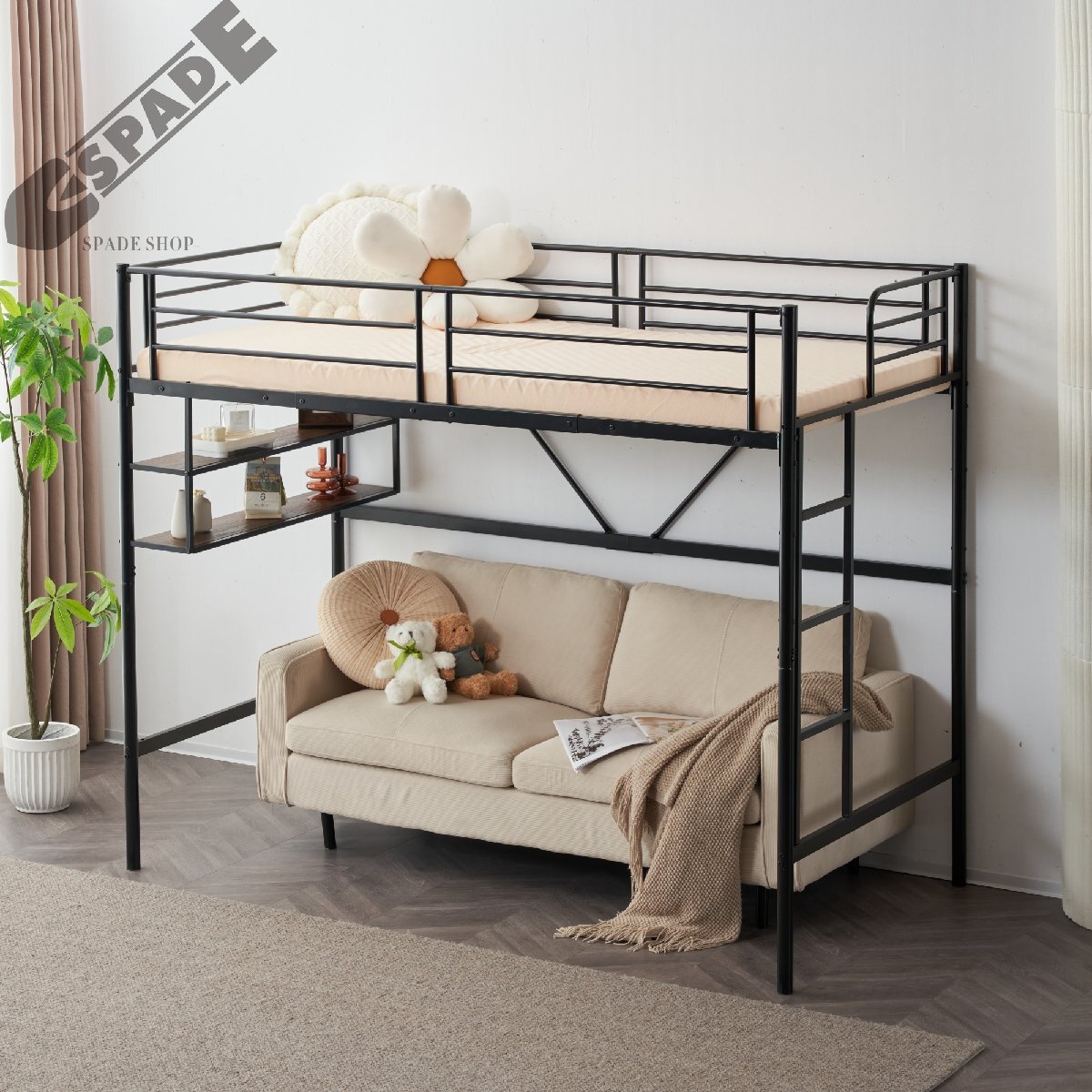 【国内発送】ロフトベッド パイプベッド サイド棚付き シングルベッド 木 収納 北欧風 子供部屋スチール 耐震 新作拍卖