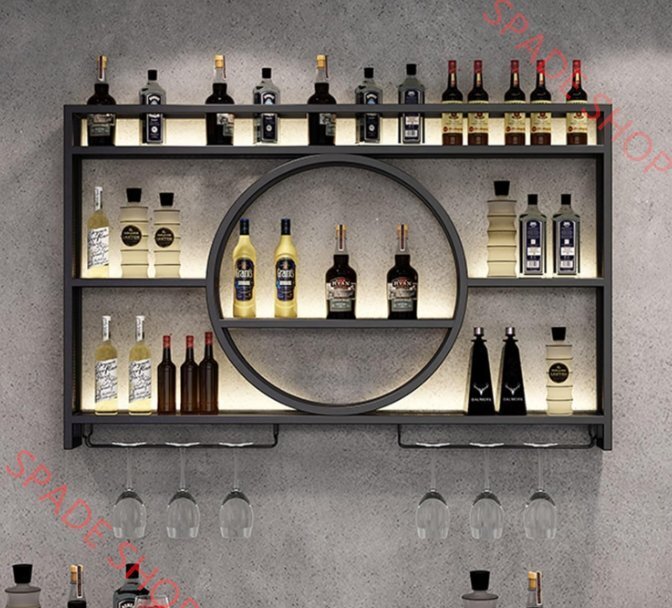 酒ラック、壁掛けアイアンワインラック、LED照明付き酒ボトル棚、バー棚壁掛け、金属製ワインボトル&ガラスラックボトル陳列棚 120x15x80cm拍卖