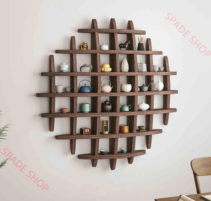 ウォールシェルフ 壁掛け飾り棚 おしゃれ 木製 壁棚 丸型 珍品棚 飾り棚 木製 花台 茶器 和室 置物 ディスプレイ ンテリア 木材 100cm拍卖