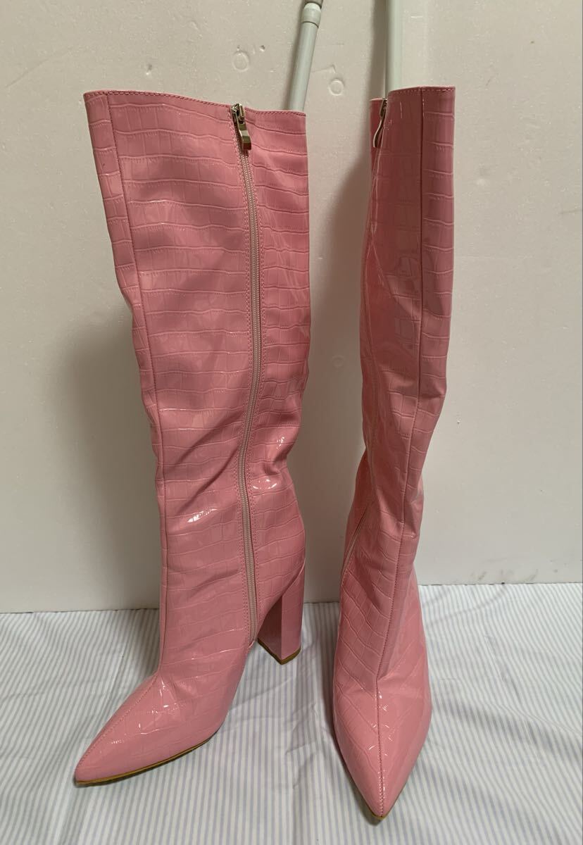 ピンク ひざ下ブーツ サイズ39 24.5㎝くらい☆クロコダイル柄 フェイクパテントレザー ロングブーツ拍卖