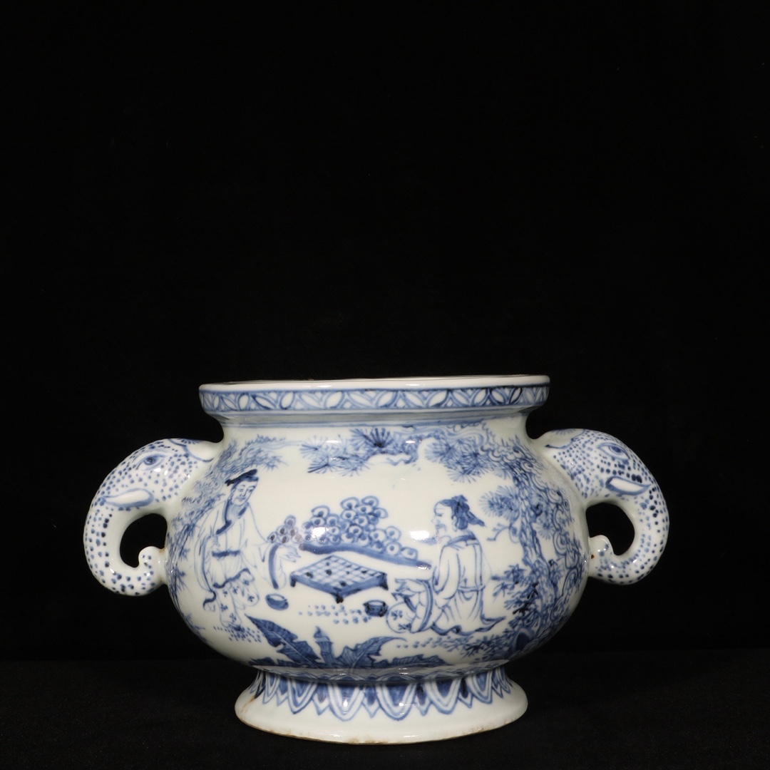 明時代 宣徳 青花 染付 人物故事文象耳炉 唐物 箱付き 陶磁器 中国美術 古美術 置物 骨董品 高さ14cm 直径23.5cm RG115拍卖