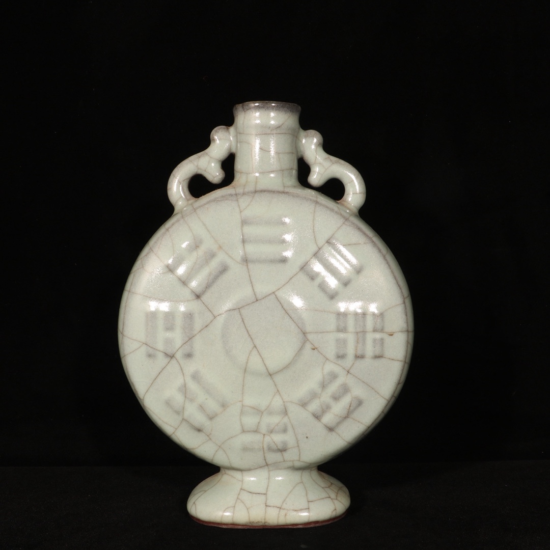 宋時代 官窯 灰青釉 八卦文扁瓶 唐物 箱付き 陶磁器 中国美術 古美術 置物 骨董品 高さ24cm 直径16.5cm RG123拍卖