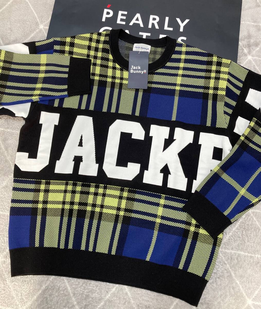 新品 パーリーゲイツ ジャックバニー チェック切替3色Wジャガードクルーネックニットプルオーバー(6)サイズLL/ライム JACK BUNNY拍卖