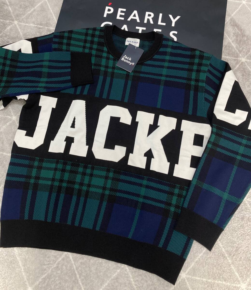 新品 パーリーゲイツ ジャックバニー チェック切替3色Wジャガードクルーネックニットプルオーバー(5)サイズL/緑 JACK BUNNY拍卖