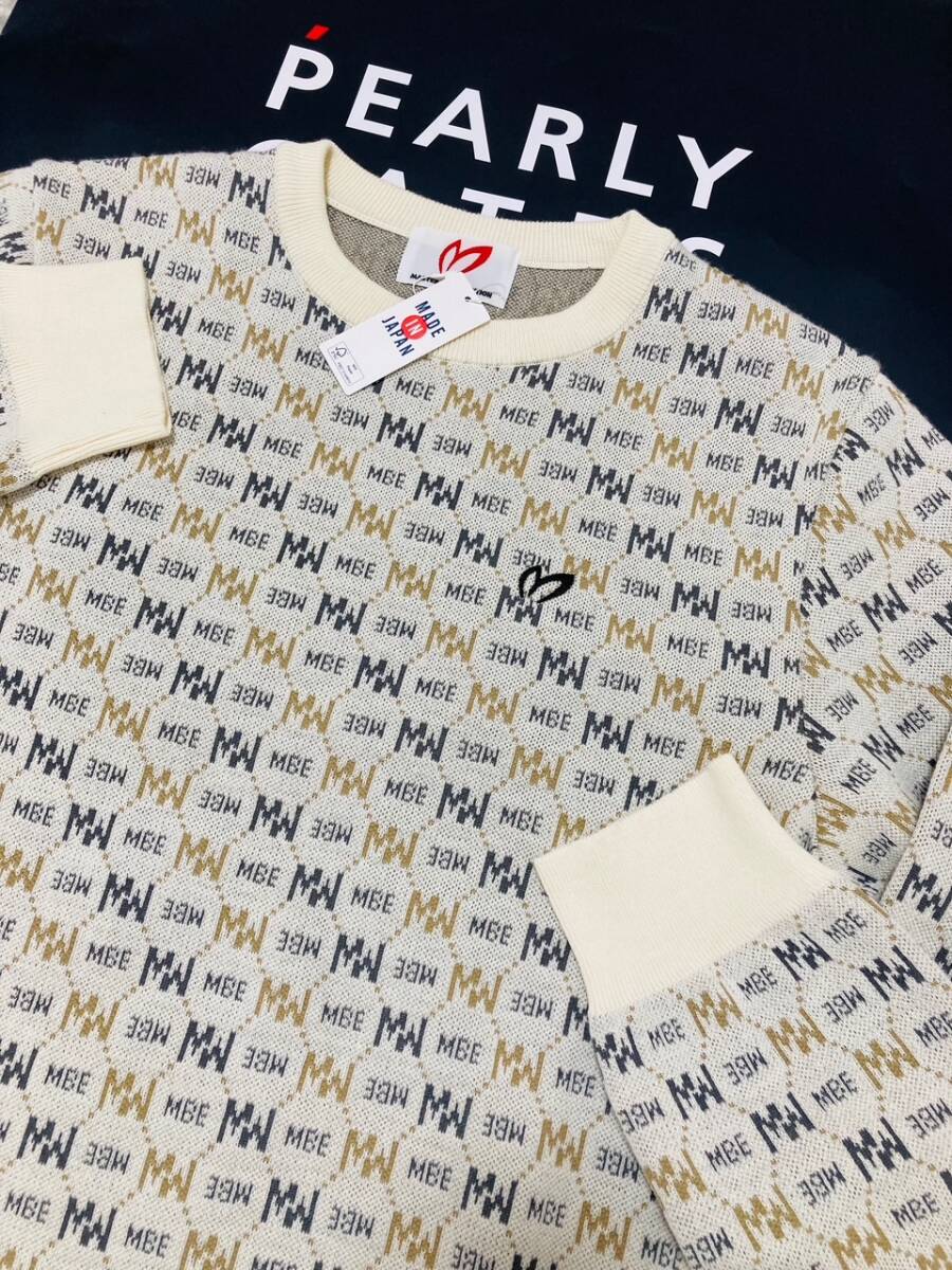 新品 パーリーゲイツ マスターバニー 3色Wジャガード 総柄クルーネック ニットプルオーバー(5)サイズL/白 29700拍卖