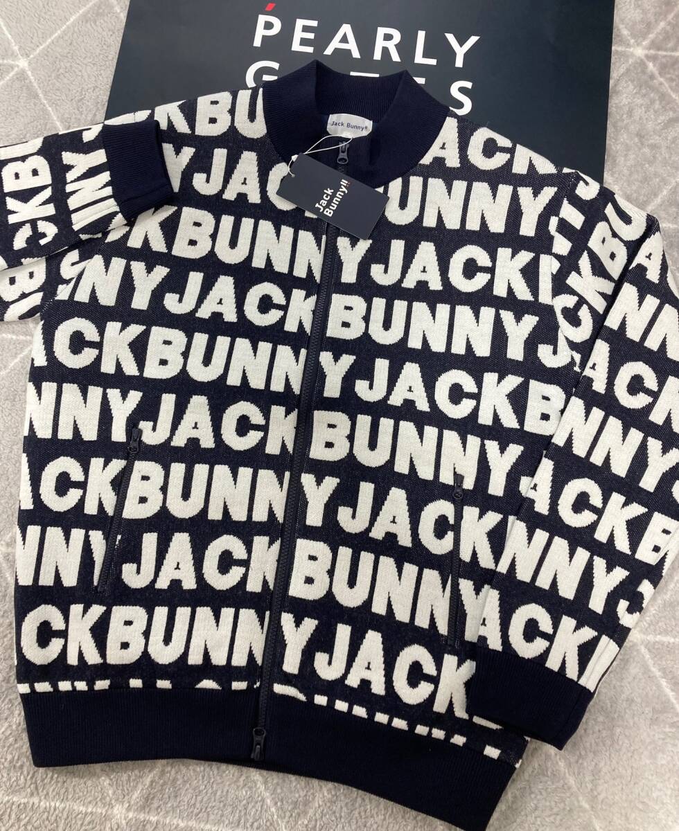 新品 パーリーゲイツ ジャックバニー ロゴジャガード防風裏地フルジップニットブルゾン(6)サイズLL/紺 JACK BUNNY拍卖