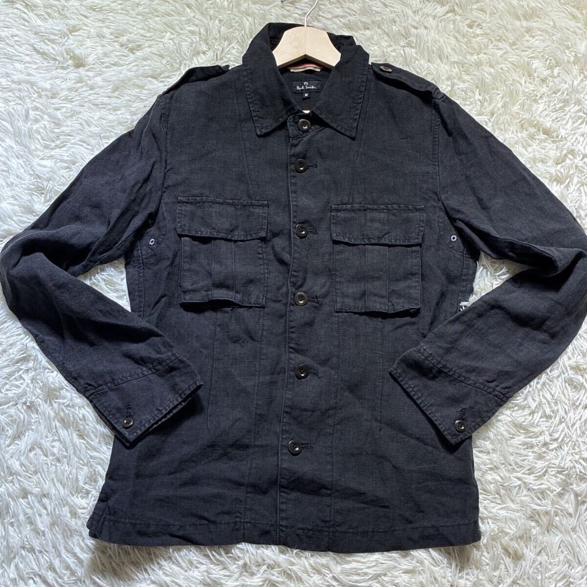 極美品/L相当◎PS Paul Smith ポールスミス 長袖 シャツ ワークジャケット ミリタリー 黒 ブラック 羽織り リネン100% 麻 メンズ 通気性拍卖