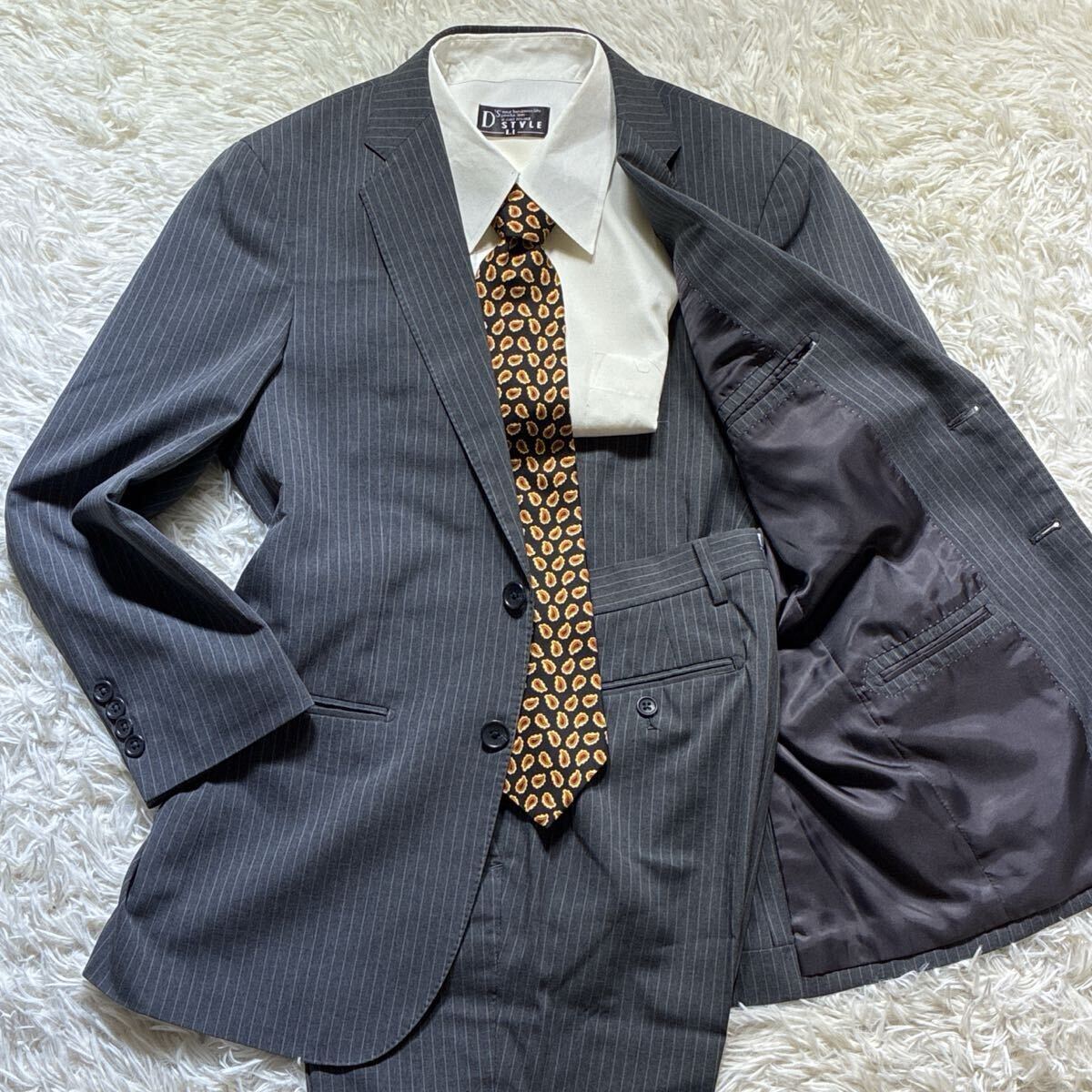 美品◎B:MING BEAMS ビームス スーツ セットアップ グレー ストライプ 44/S テーラードジャケット メンズ 紳士服 ビジネス ポリエステル拍卖