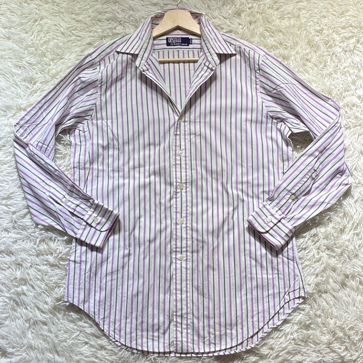 極美品/Lサイズ◎ラルフローレン Polo by Ralph Lauren 長袖シャツ ストライプ 白 紫 ワイシャツ Yシャツ 40-84 メンズ拍卖