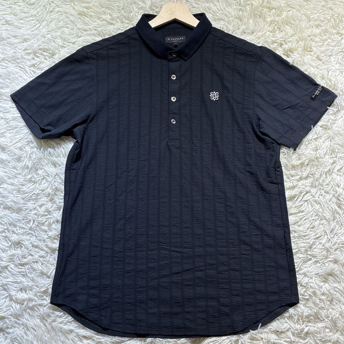 美品/LLサイズ◎St ANDREWS セントアンドリュース 半袖 ポロシャツ 黒 ブラック ストライプ ワンポイント 刺繍 吸水速乾 ゴルフ ウェア拍卖