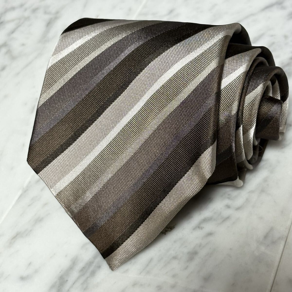 【美品】 999円~ ARMANI ネクタイ ストライプ ブラウン系 グラデーション グレー (GREEN B3)拍卖