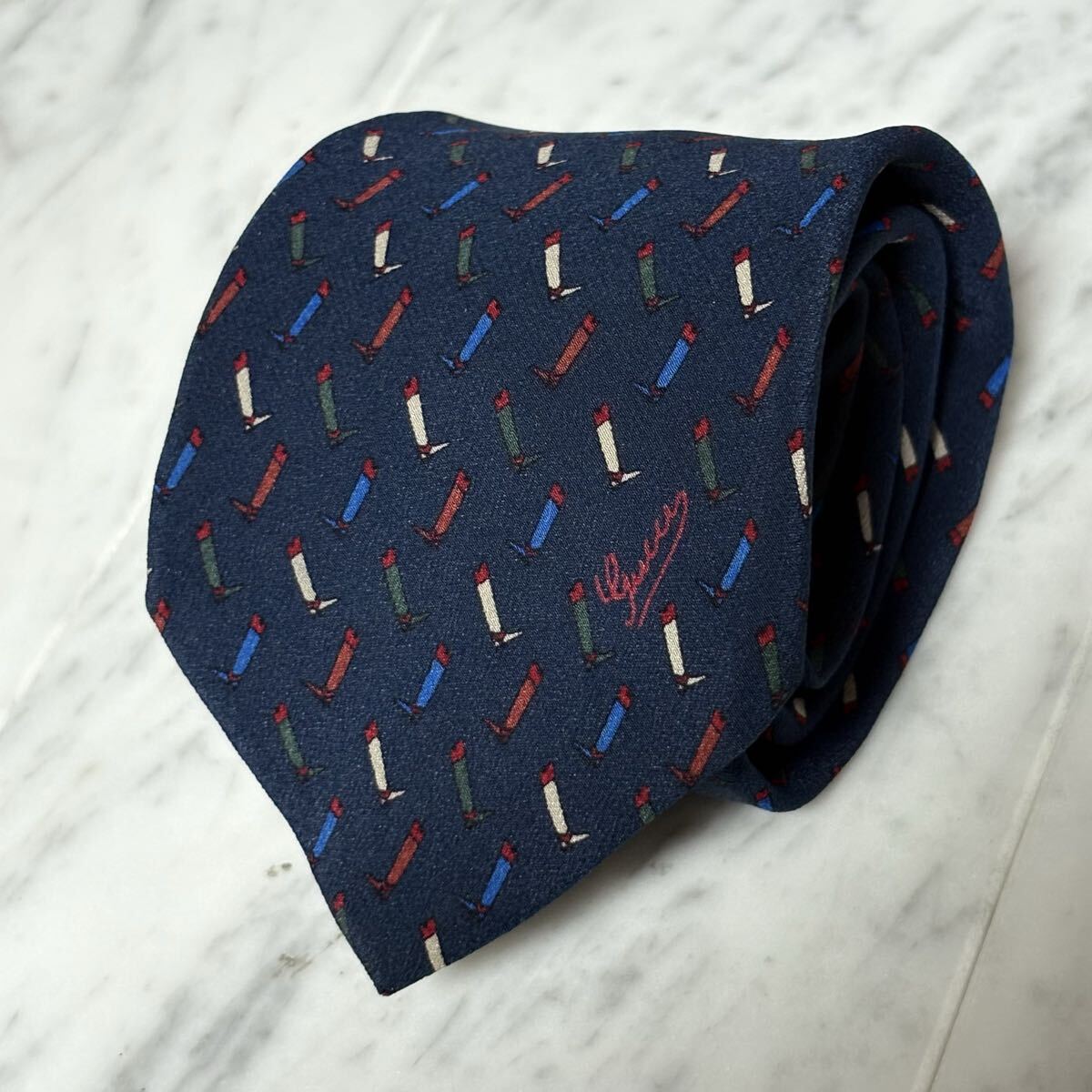 999円~ GUCCI オールドグッチ ネクタイ ネイビー ロゴ マルチカラー (B15)拍卖
