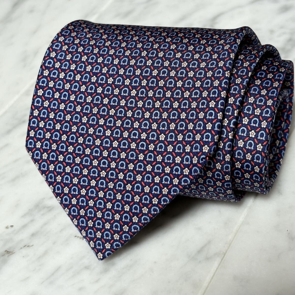 【美品】 999円~ Ferragamo ネクタイ ネイビー ガンチーニ柄 (B15)拍卖