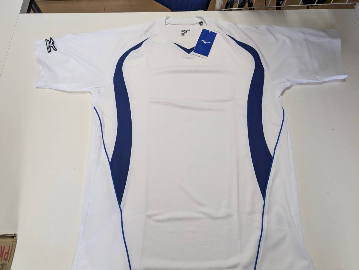 ミズノ ベースボールシャツ V首/デザイン切り替え ホワイト×パステルネイビー Mizuno 12JC5L1016 Lサイズ拍卖