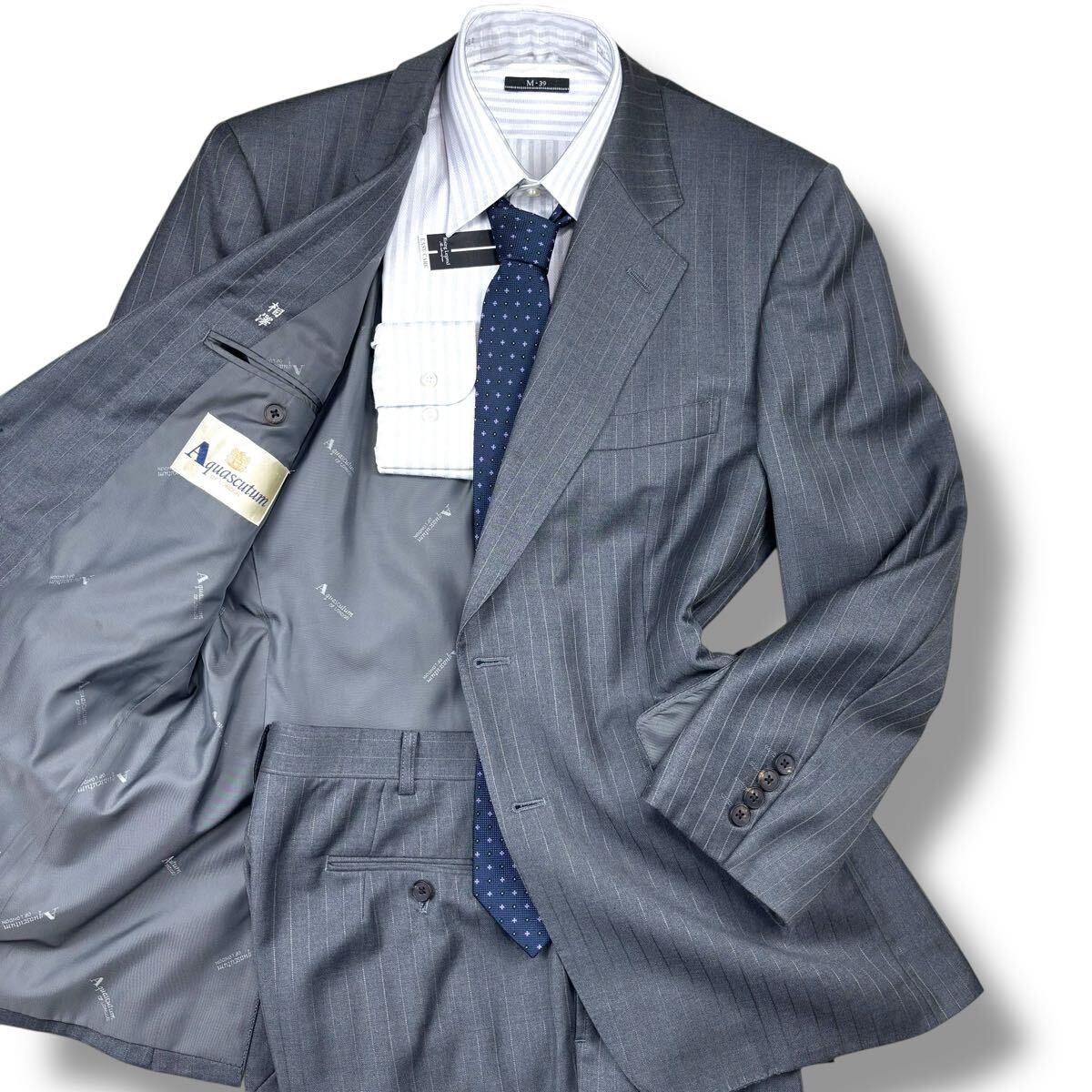 1円 美品 L~XL.LL アクアスキュータム Aquascutum スーツ セットアップ 2B 総裏 裏地ロゴ総柄 ストライプ 日本製 メンズ グレー 96AB5拍卖